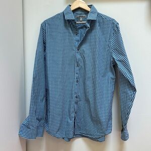 Express Fitted Button Down Shirt Blue‎ Plaid Size Large 16-16.5”